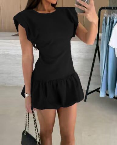 Womens Solid-Color Fashion Short-Sleeve Ruffle-Trim Dress