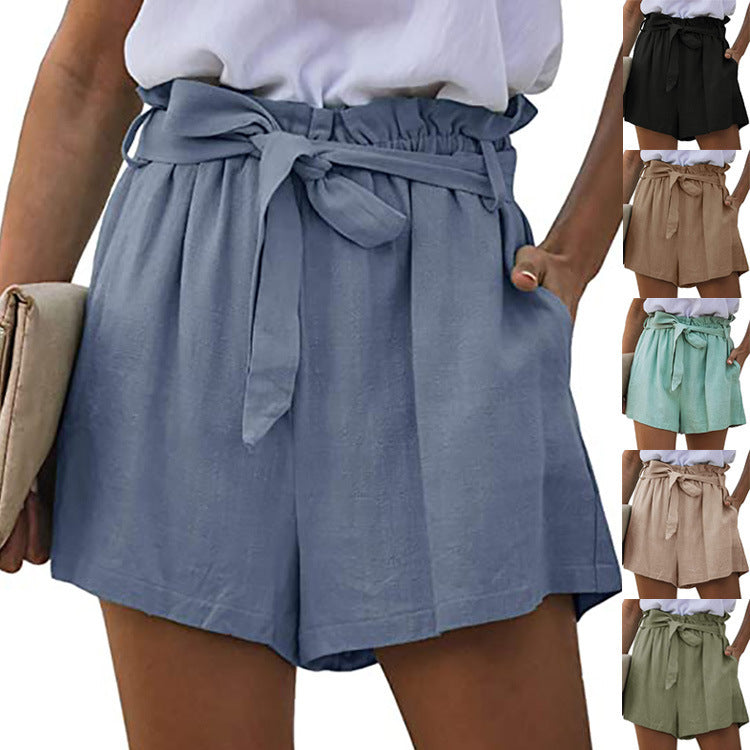 New Women's Casual Pockets Loose Elastic Lace Up Pleated Wide-Leg Shorts