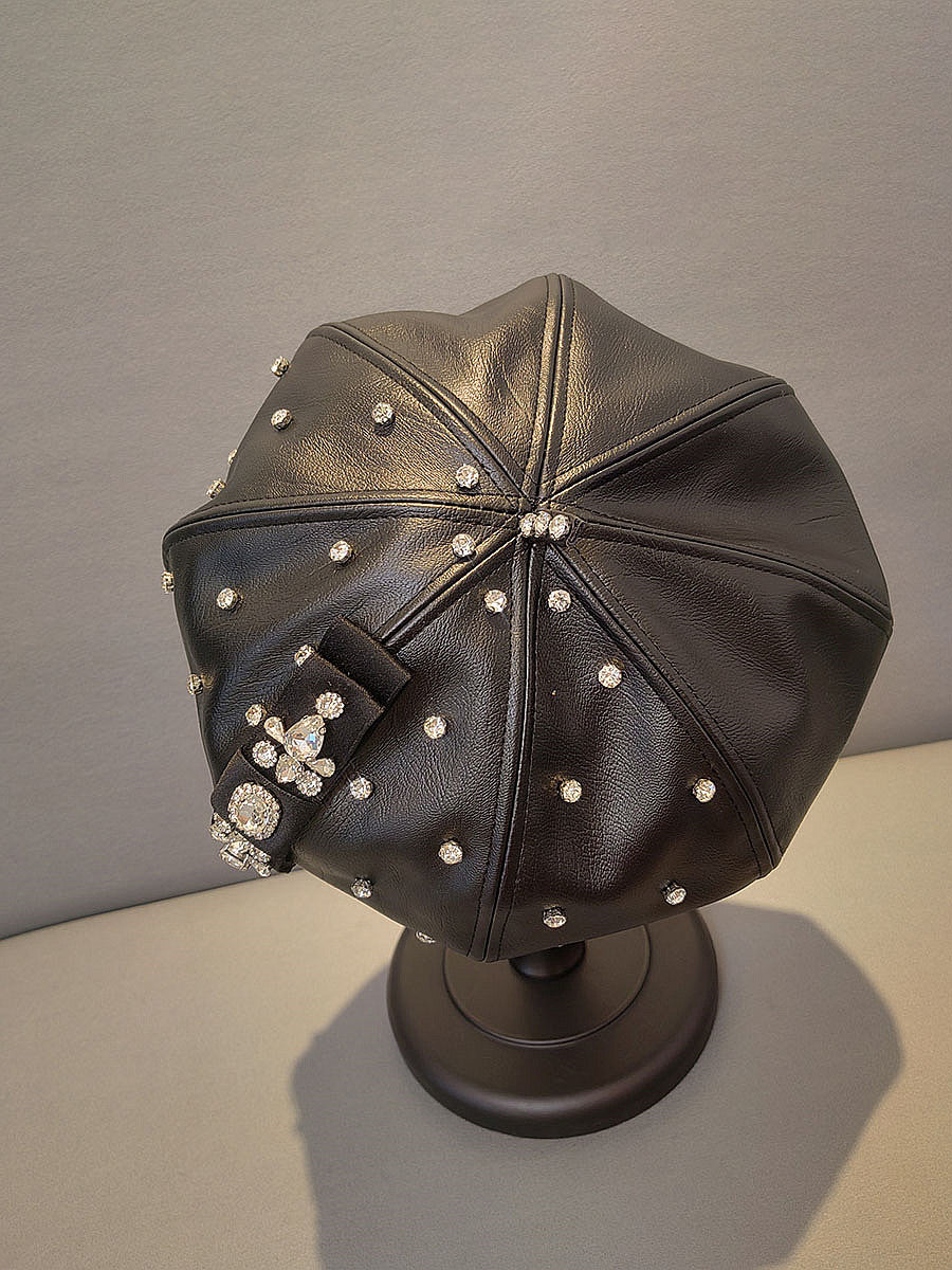 PU Leather Octagonal Hat Korean Style Rhinestone Bow Beret