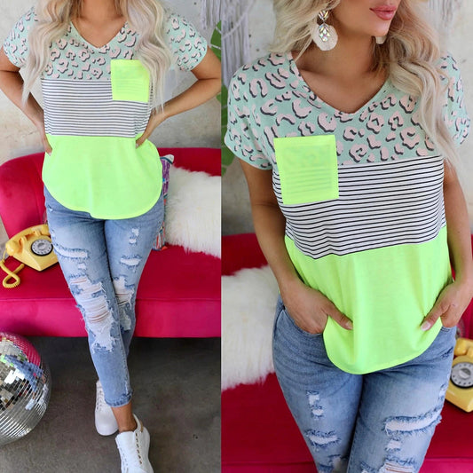 European And American Striped Print Short-sleeved Round Neck Pocket Stitching Casual T-shirt