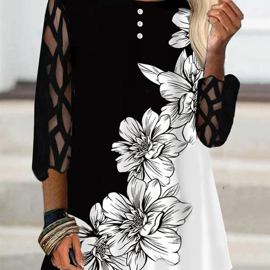 Women's New Lace Sleeve Floral Loose Casual T-Shirt