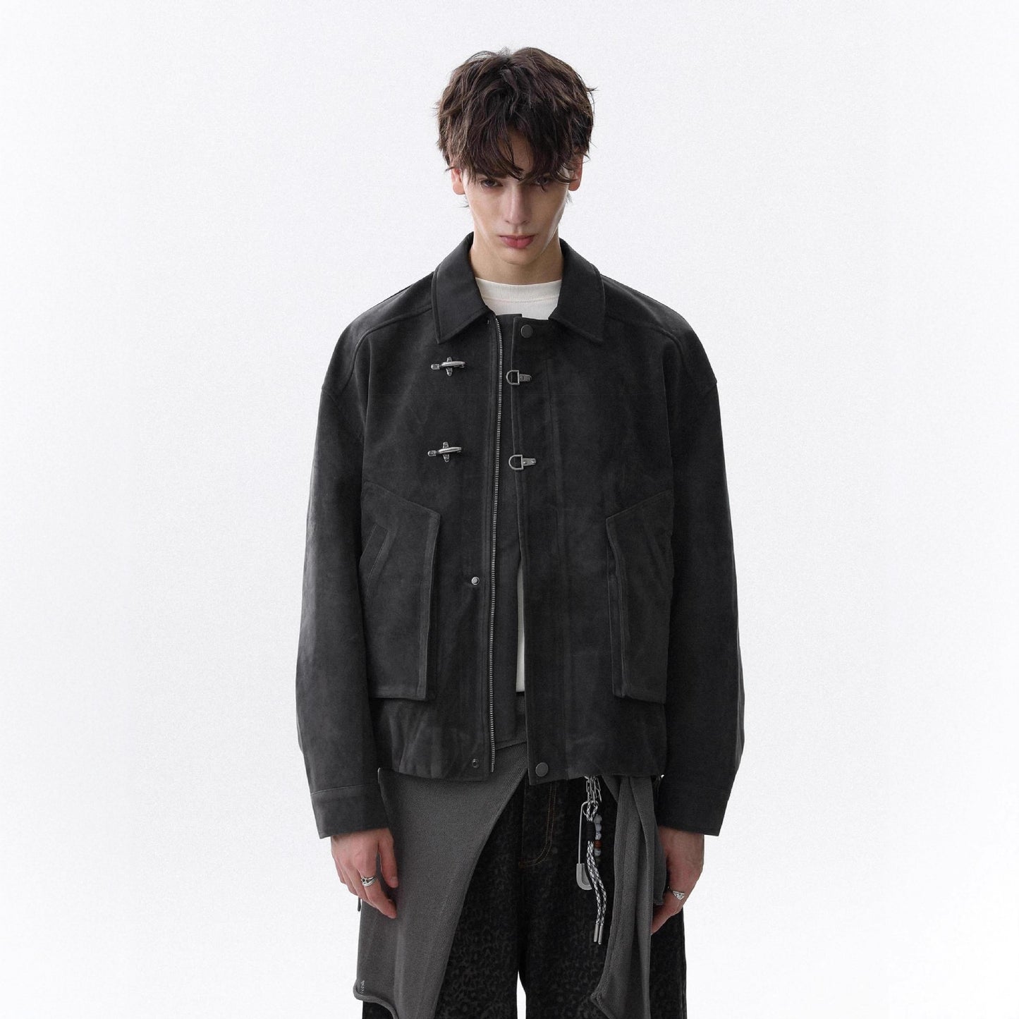 Maillard Brown Leather Collar Airplane Button Jacket Men's Simple Casual Coat