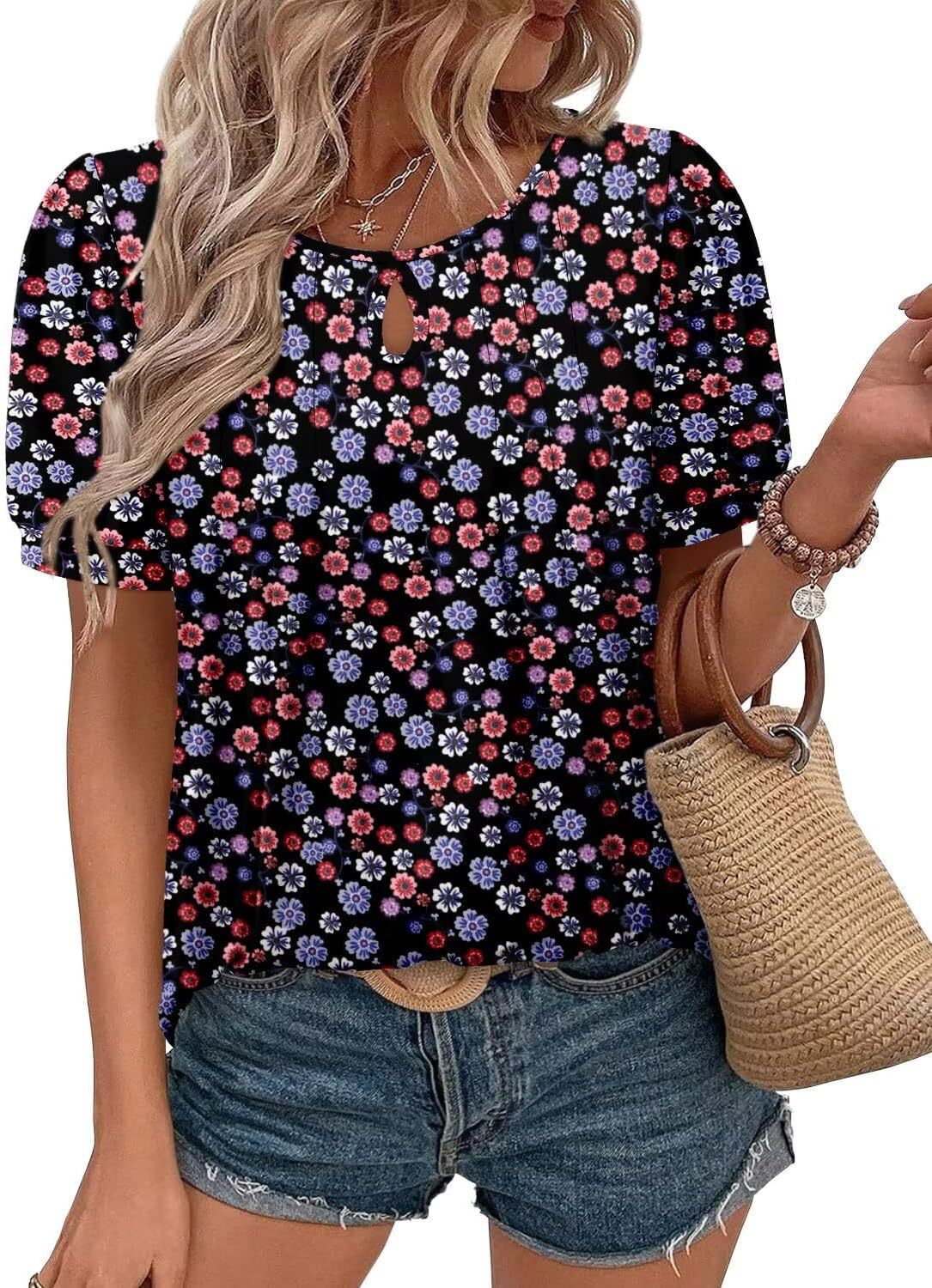 Rundhalset T-shirt til kvinder med blomsterprint