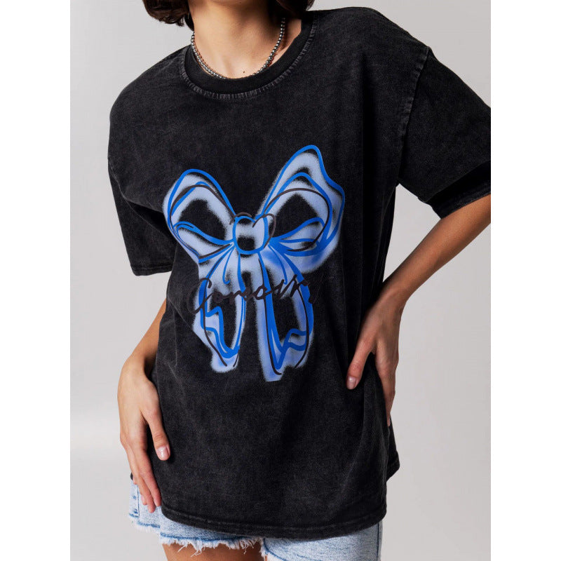 Bow Tie Vintage Washed Black Distressed Short Sleeves