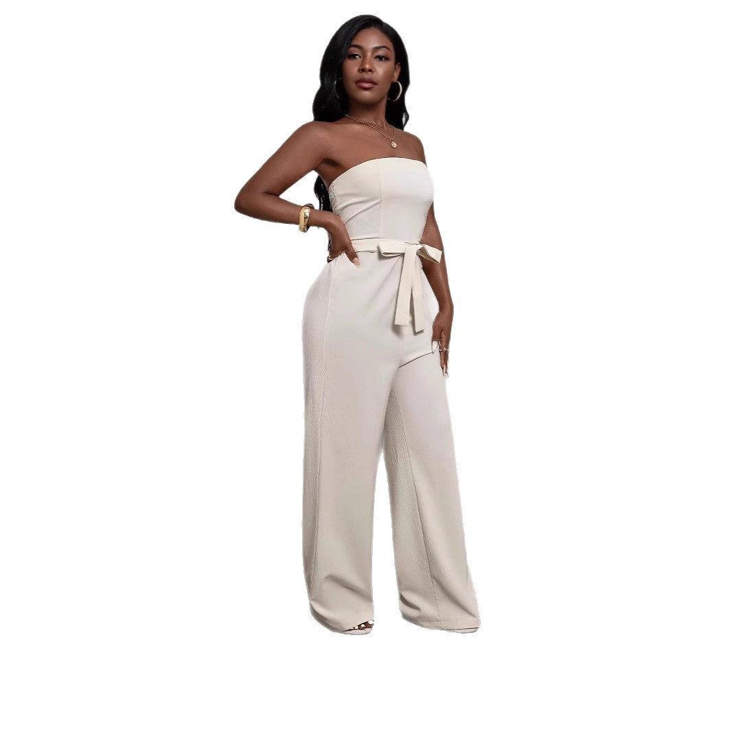 Womens Solid-Color Strapless Long Jumpsuit