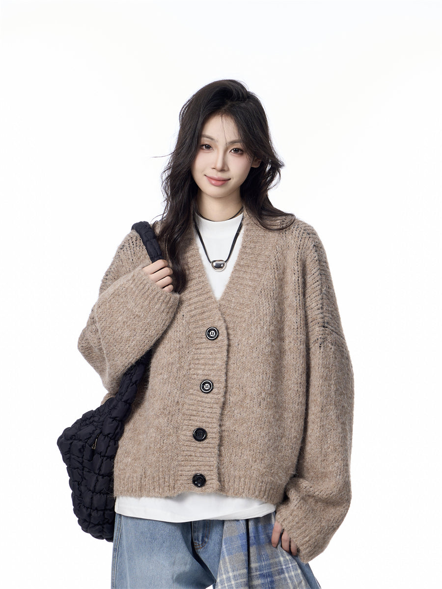V-neck Knitted Cardigan Coat Women's Idle Style Loose Sweater