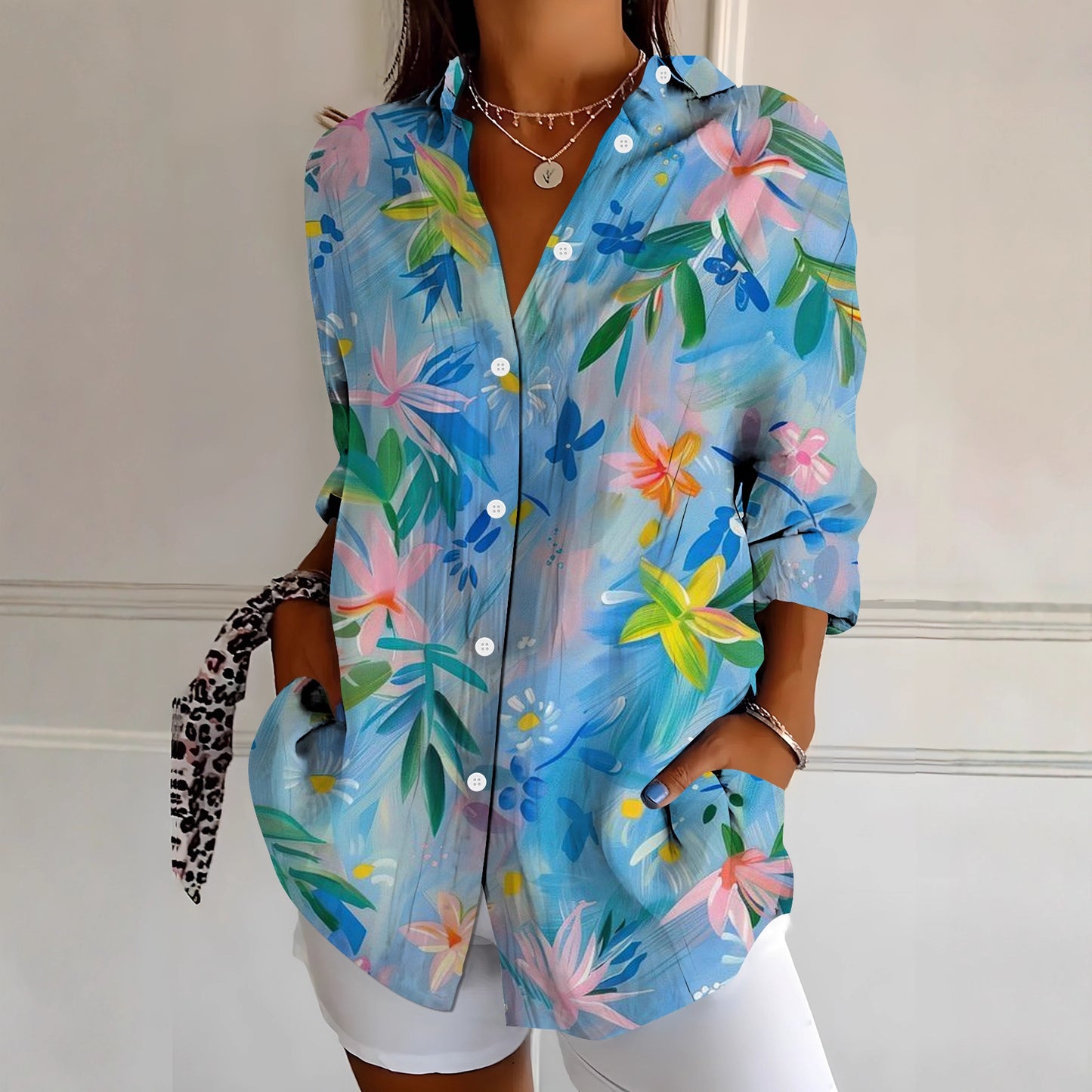 Womens Vibrant Colorful Floral-patterned Long-sleeve Shirt
