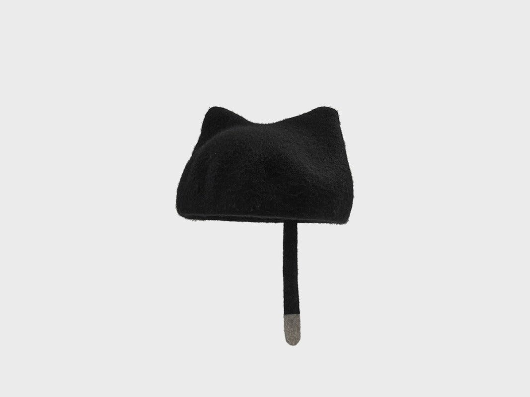 Cute Little Tail Cat Ears Wool Beret Fashion Octagonal Cap