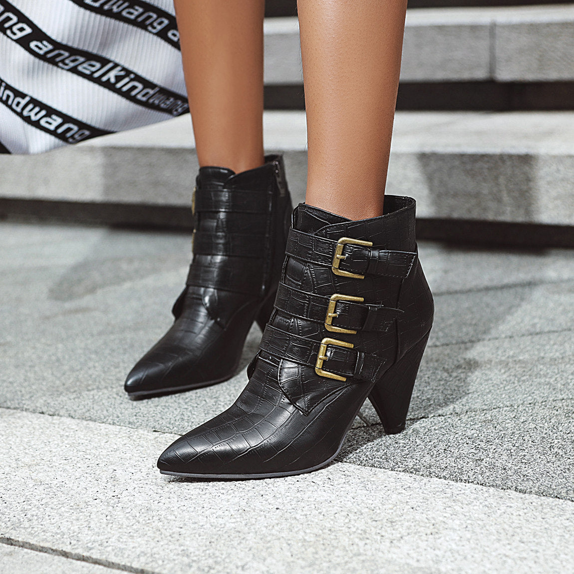 Belt Buckle Roman Super High Heel Booties Side Zipper