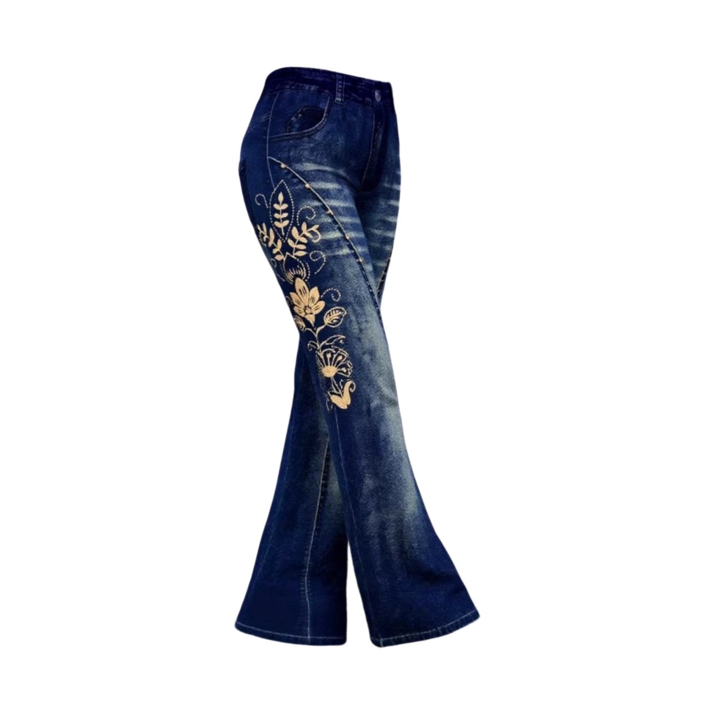 High-waisted Stretchy Faux Denim Pants With A Printed Design