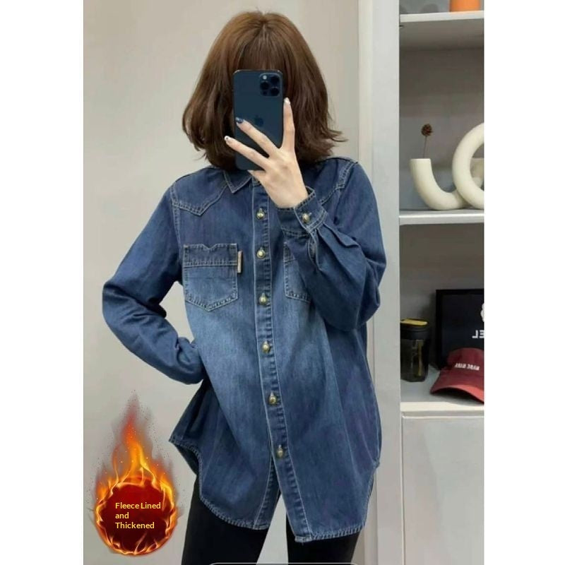 Women's Loose-Fitting Layered Casual Padded Denim Shirt
