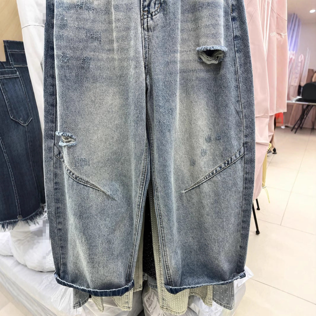 Cropped Straight High Waist Slimming Holes Wide-leg Pants