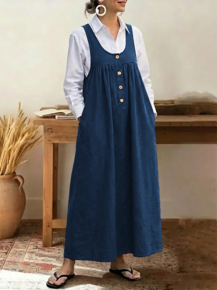 Loose Overalls Dress Casual U-neck Button Pockets Dresses Summer Spring Clothing