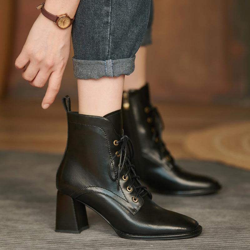 Women's Autumn And Winter British Retro Lace Up Short Simple Fashion High Heel Boots