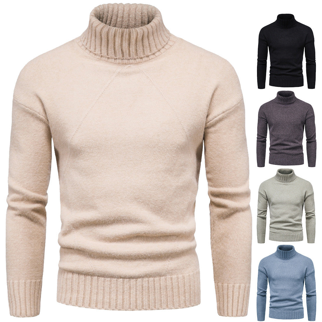 Herre ensfarvet strik højhalset sweater