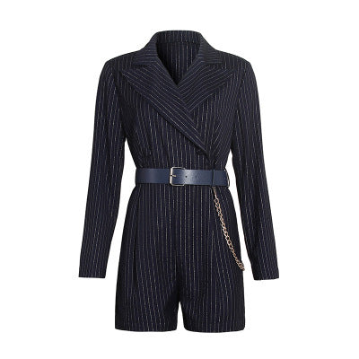 Fashion Korean Style Slim Wide Leg Slim Striped Jumpsuit Shorts Women