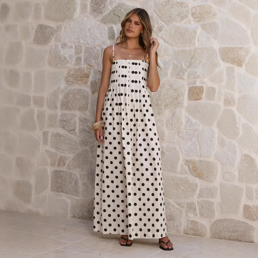 Summer Polka Dot Printed Pleated Sweet Strap Mid Length Dress