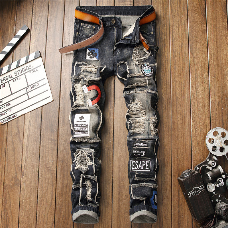New European And American Style Men's Ripped Patch Stretch Jeans