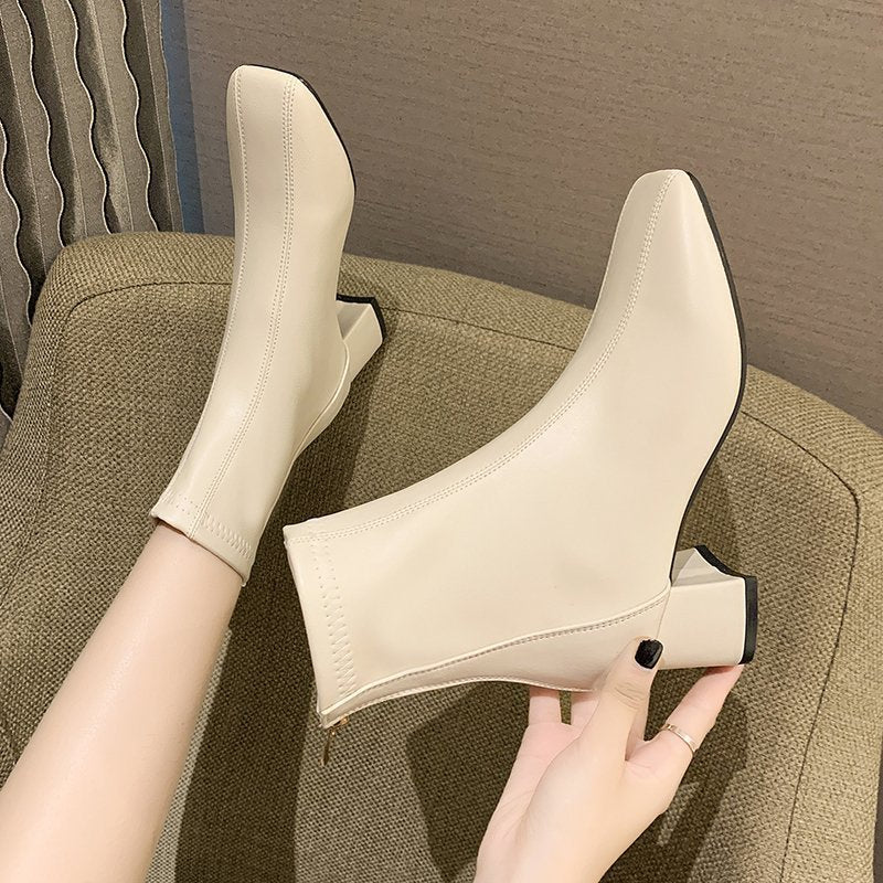 Square Toe Thick Heel Ankle Boots Martin Boots Women's Small High Heel Short Boots
