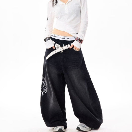 Womens Embroidered Patchwork Casual Straight-Leg Pants