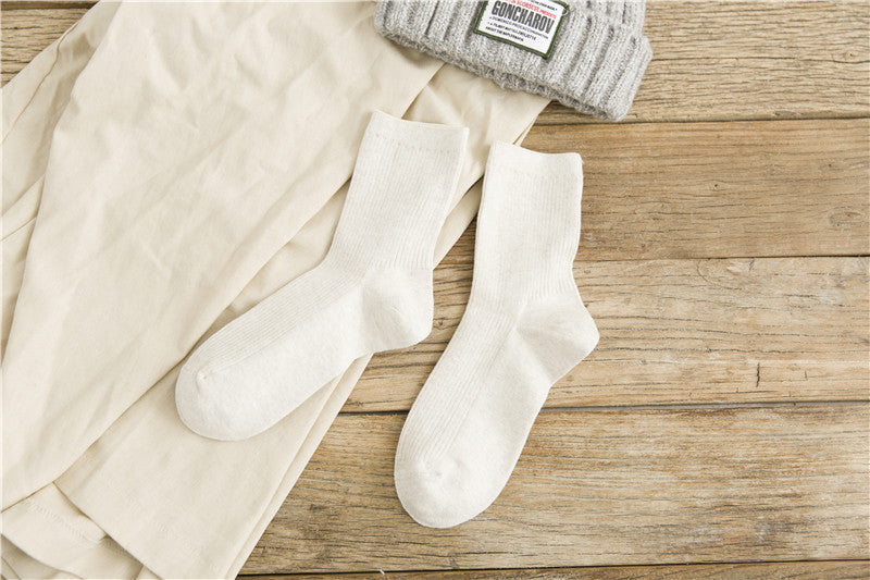 Japanese Retro Solid Color Double Needle Women's Mid-tube Cotton Socks