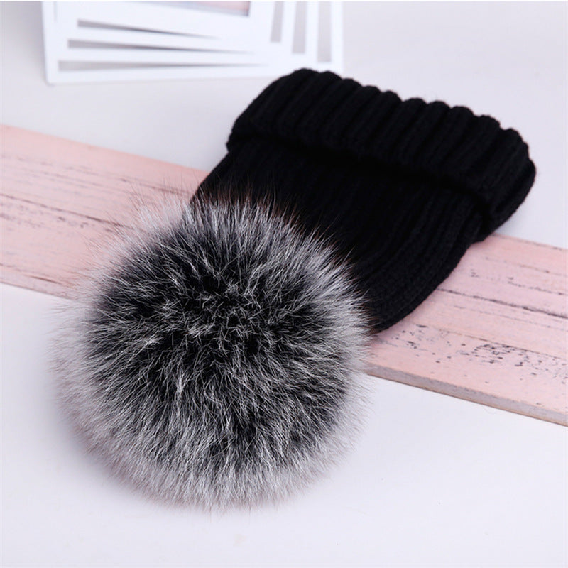 Oversized Warm Real Raccoon Fox Fur Ball Wool Hat