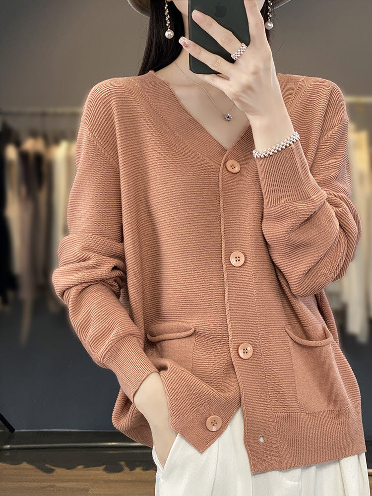 V-neck Solid Color Double Pocket Buckle 100 Cotton Thread Long Sleeve Lazy And Loose Casual Spring Knitted Cardigan For Women