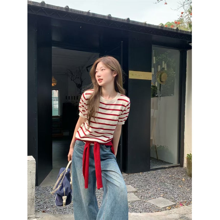 Women's Shawl Contrast Color Striped Short Sleeve Knitted