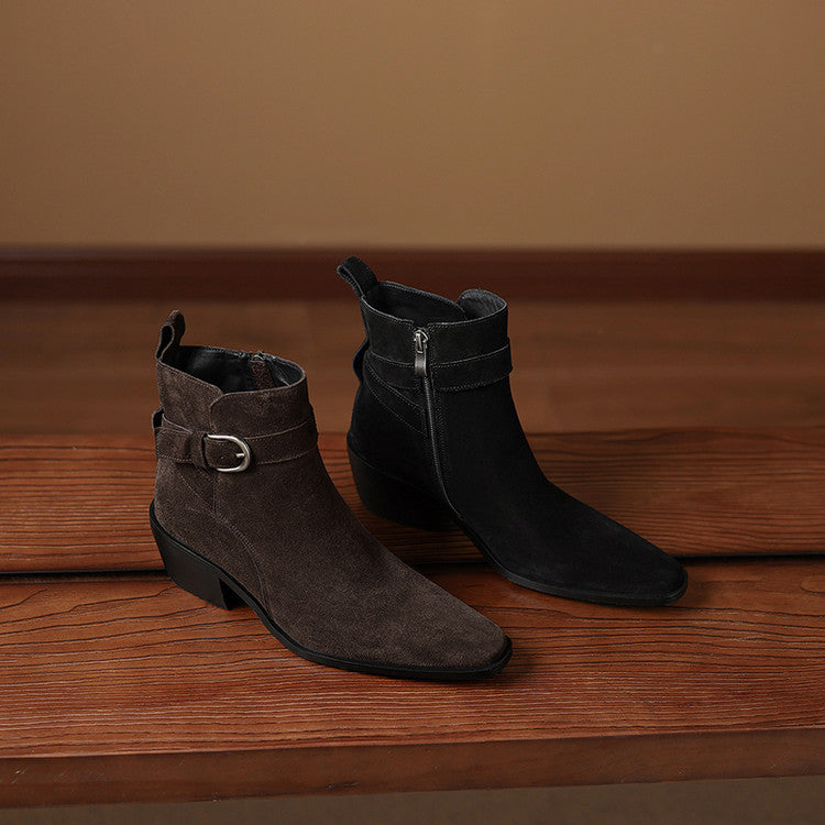 Suede Leather Chunky-heel Autumnwinter Fleece-lined Suede Boots