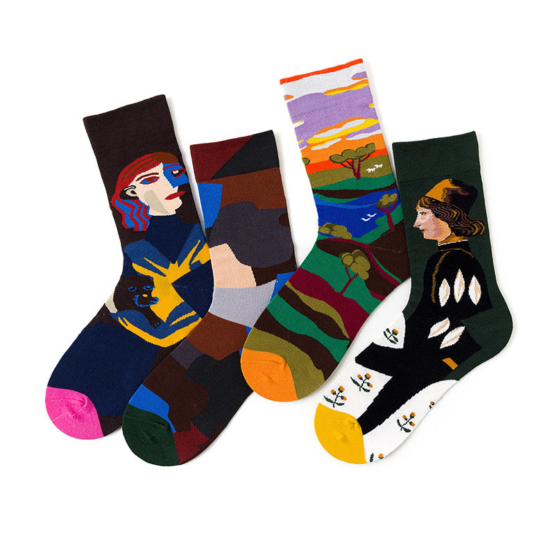 French Illustration Design Abstract Oil Painting Cotton Socks