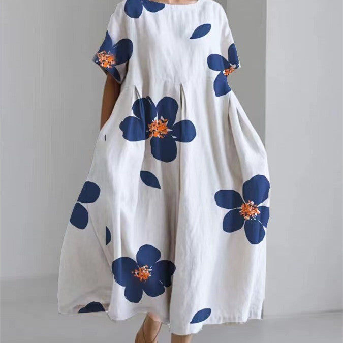 Digital Printing Small Chrysanthemum Women's Casual Short Sleeve Large Swing Dress