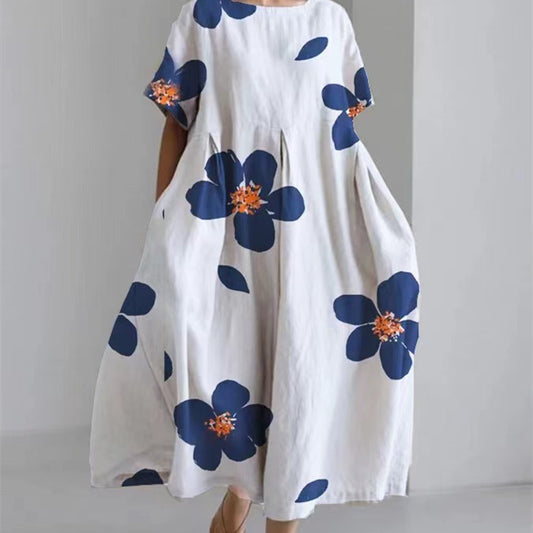 Digital Printing Small Chrysanthemum Women's Casual Short Sleeve Large Swing Dress
