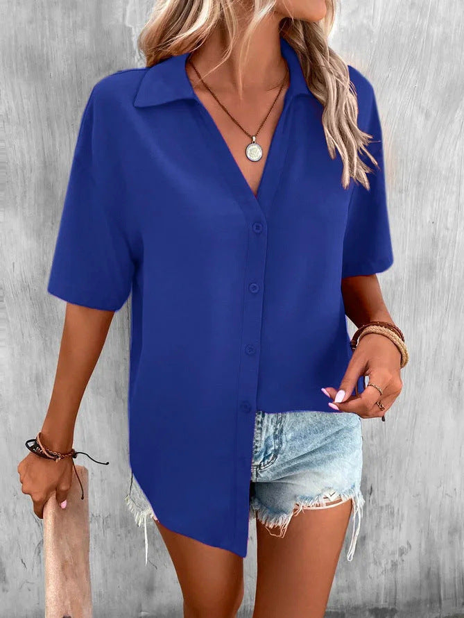 Temperament Pure Color V-neck Shirt Women's Top Short Sleeve