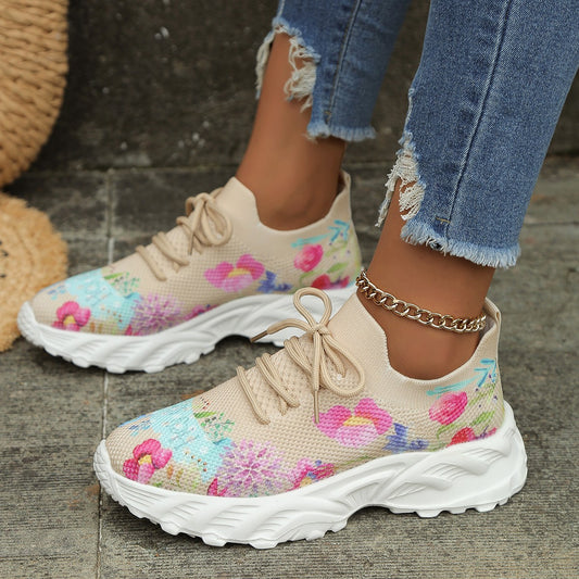 Dame sportssko med blomsterprint, gå-sneakers, afslappede, åndbare snøresko i mesh