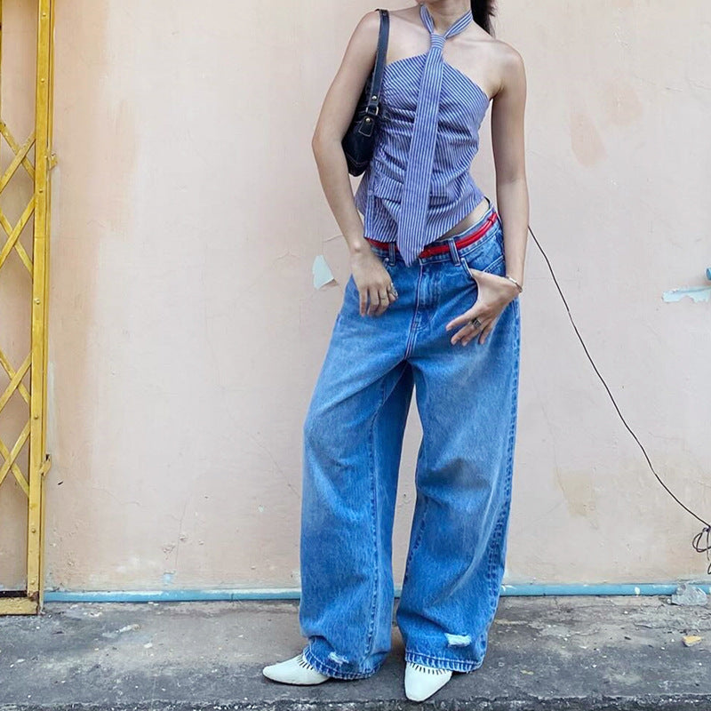 Irregular Striped Printed Tie Design Halter Vest