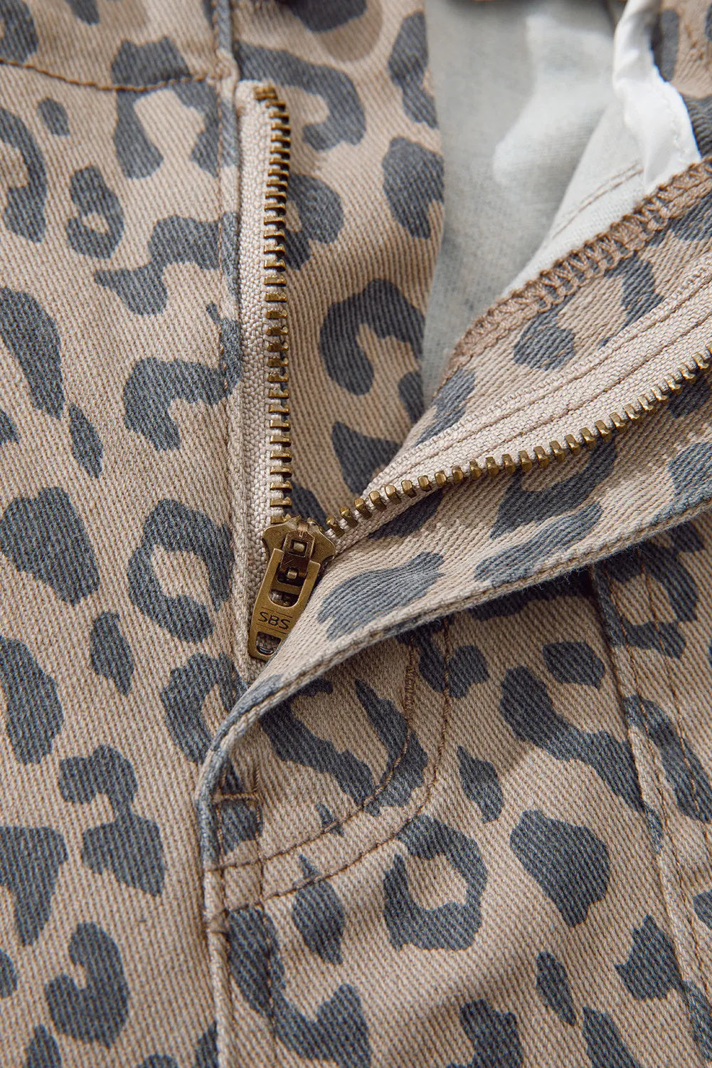 Khaki Leopard Printed Drawstring Elastic Waistband Pocketed Wide Leg Jeans