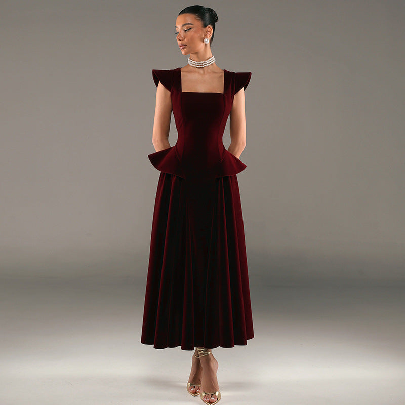 Womens Sexy Square-Neck Slim-Fit Midi Dress