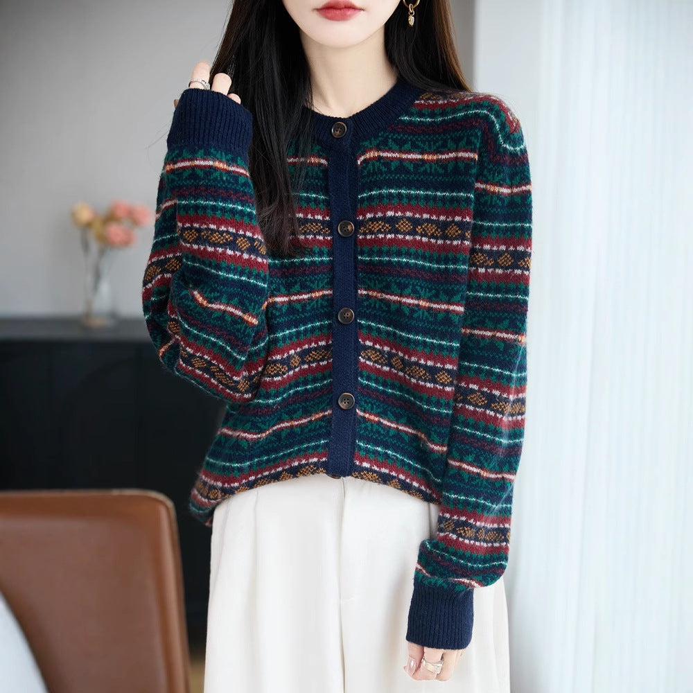 Womens Retro Jacquard Crew-Neck Long-Sleeve Sweater