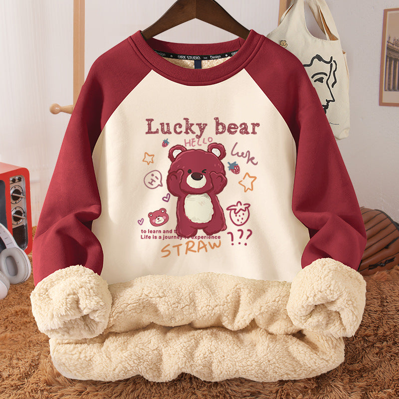 Women's Autumn And Winter Fleece-lined Thickened Hooded Berber Fleece Coat Contrast Color Raglan
