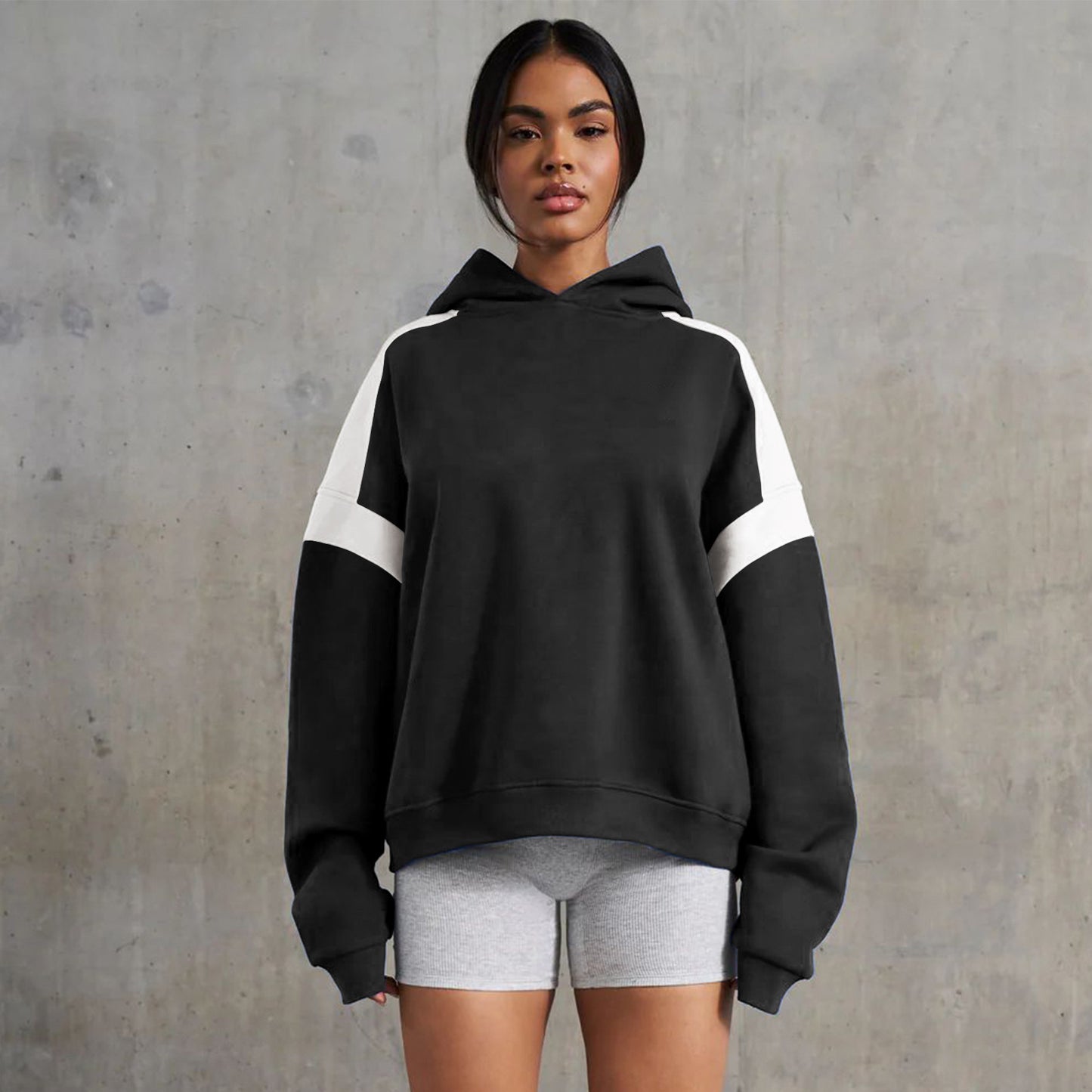 Contrast Color Drop Shoulder Women's Hooded Sweater