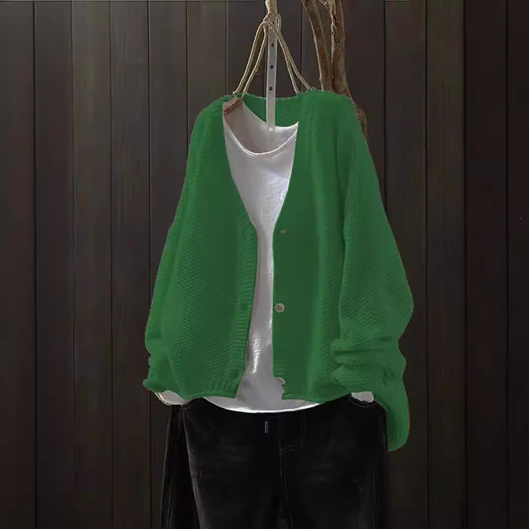 Grænseoverskridende Tidlig Efterår Ny Afslappet Alsidig Ensfarvet V-hals Langærmet Enkeltradet Strikket Cardigan Sweater
