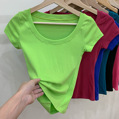 Cotton T-shirt Women's Short Sleeve Low Collar Collarbone