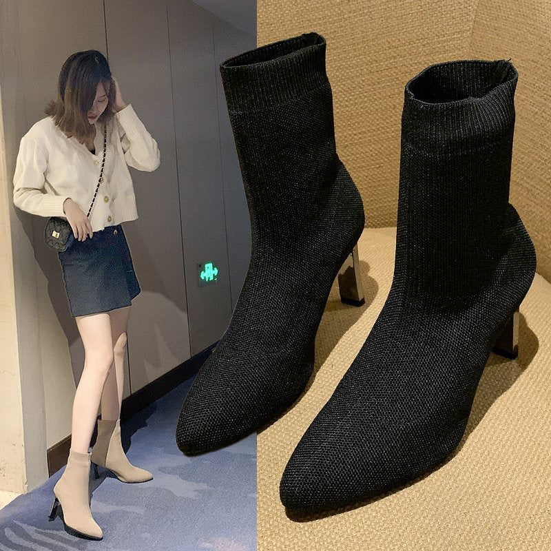 Pointed Socks Boots High Heels Elastic Boots Flat Heel Wool