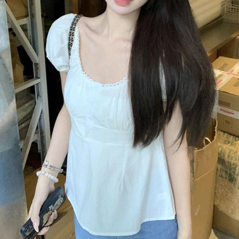 Puff Sleeve White Shirt Women's Short Sleeve Top