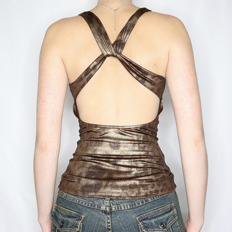 Glossy Leopard Print Contrast Color Slim V-neck Backless Spaghetti-strap Camisole Top