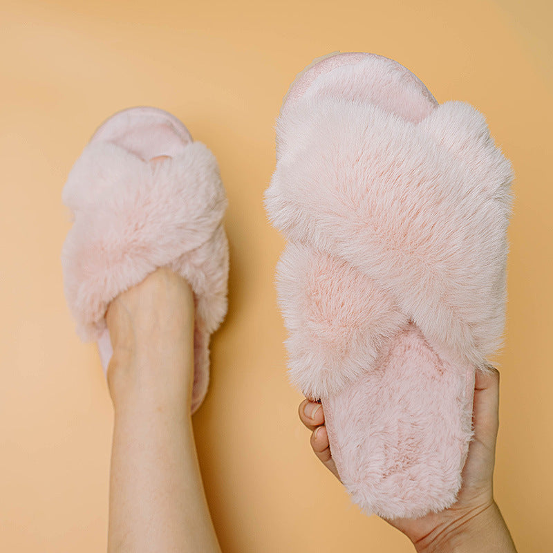 Dame Mode Varme Bløde Hjemmesko Hyggelige Faux Fur Kryds Indendørs Sandaler Flade Bløde Pelsede Damemodeberømtheder Tøfler