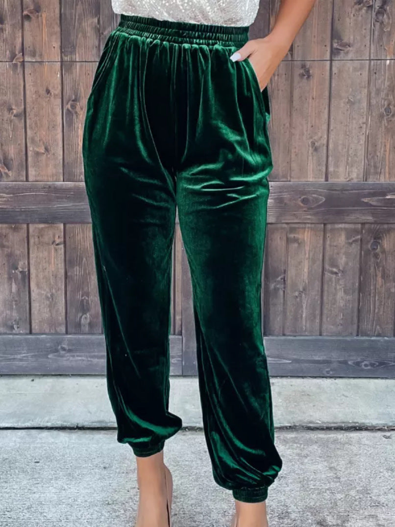 Women's Gold Velvet Trousers Straight Leg Elastic Waist Casual Pants