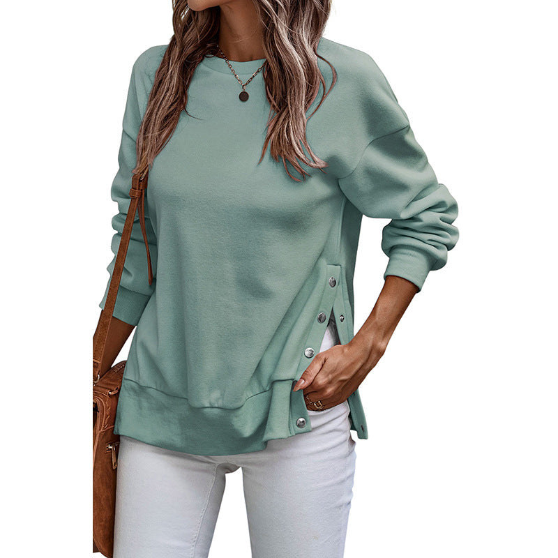 Solid Color Pullover Women's European And American Leisure Style Slit Loose Flab Hiding Long Sleeve Bathroom