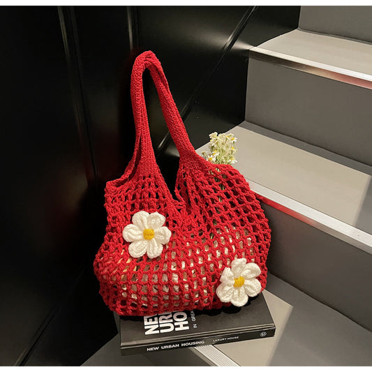 Knitted Handbag Woven Mesh Hollow Out Flower Large Capacity Versatile Shoulder Bag