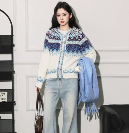 Christmas-themed Fair Isle Jacquard Hooded Sweater Coat